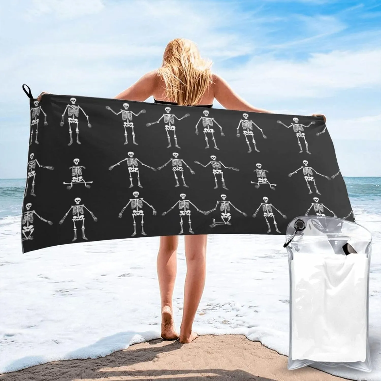 Cute Skeleton Dancing Premium Compact Microfiber Travel Towel-Featherlight & Quick Dry,Sand-Resistant Beach Towel for Swimming,Camping,Vacation Essentials with Carry Pouch