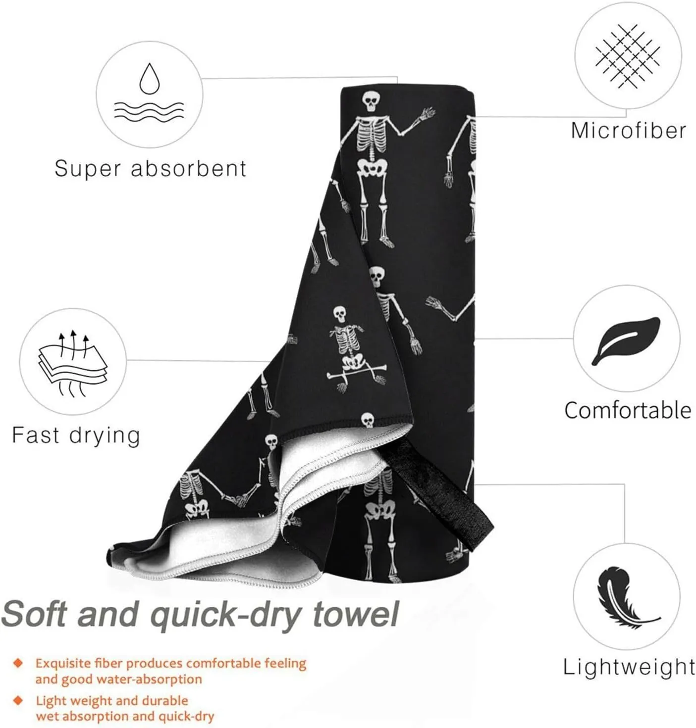 Cute Skeleton Dancing Premium Compact Microfiber Travel Towel-Featherlight & Quick Dry,Sand-Resistant Beach Towel for Swimming,Camping,Vacation Essentials with Carry Pouch