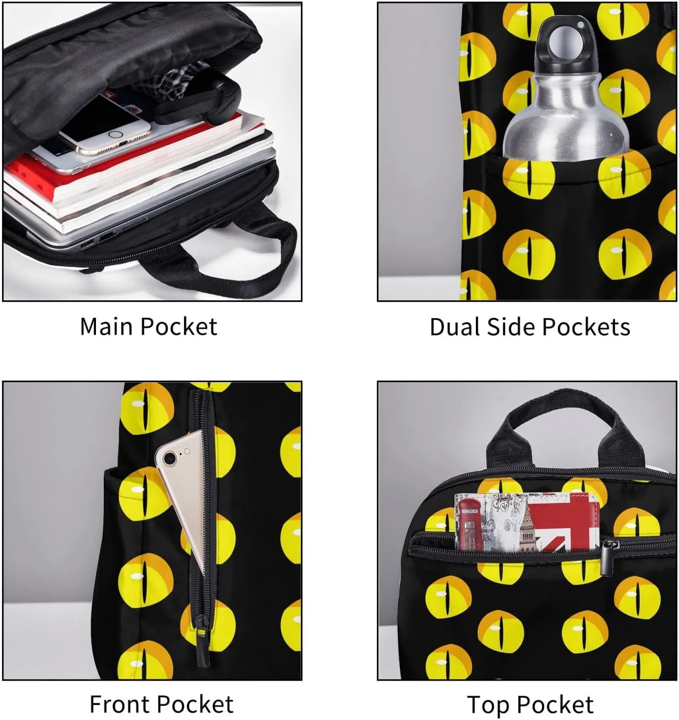 Cute Yellow Eyes Cat Casual Backpacks Large Capacity Laptop Backpack Sports Fitness Rucksack Travel Carry-On Daypack Adjustable Shoulder Strap Work Bag for Outdoor Camping