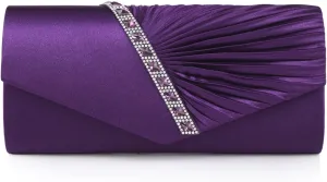 Damara Womens Pleated Crystal-Studded Satin Handbag Evening Clutch,Purple, large