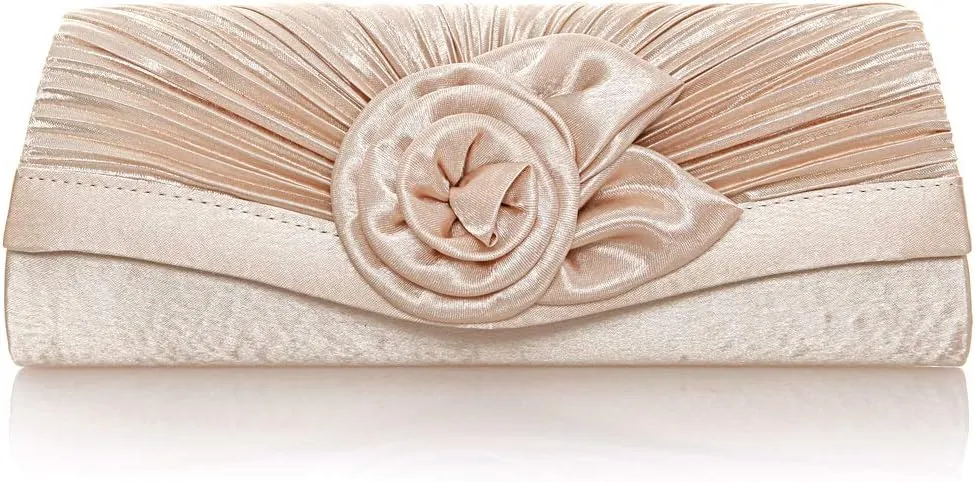 Damara Women's Satin Pleated Flower Front Evening Bag Clutch Handbag (Champagne)