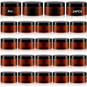 Dandat 24 Pcs 8 oz Plastic Jars with Lid and Label PET Cosmetic Containers Leak Proof Empty Cosmetic Jars Refillable Storage Travel Containers for Lotion Cream Gel Powder(Amber)