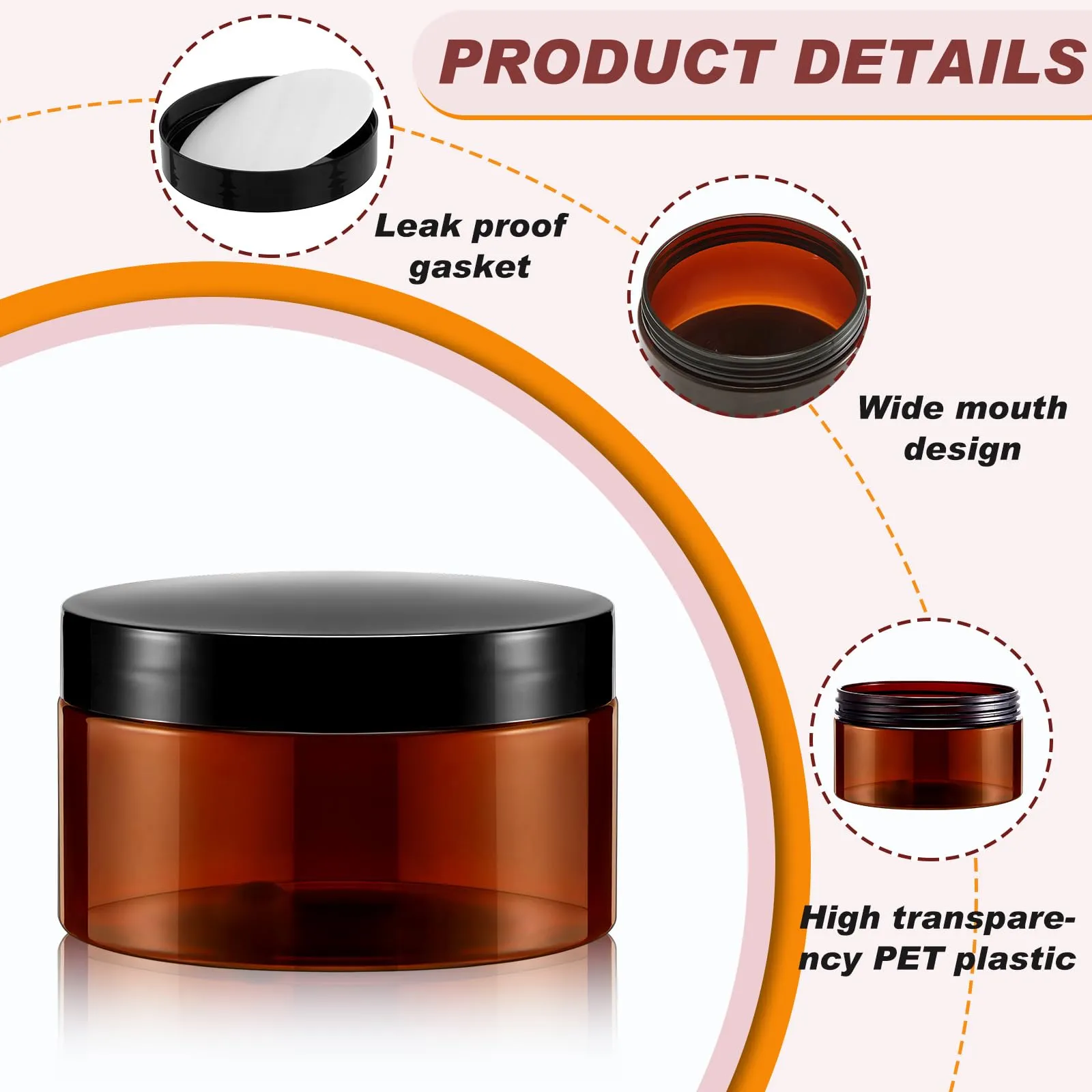 Dandat 24 Pcs 8 oz Plastic Jars with Lid and Label PET Cosmetic Containers Leak Proof Empty Cosmetic Jars Refillable Storage Travel Containers for Lotion Cream Gel Powder(Amber)