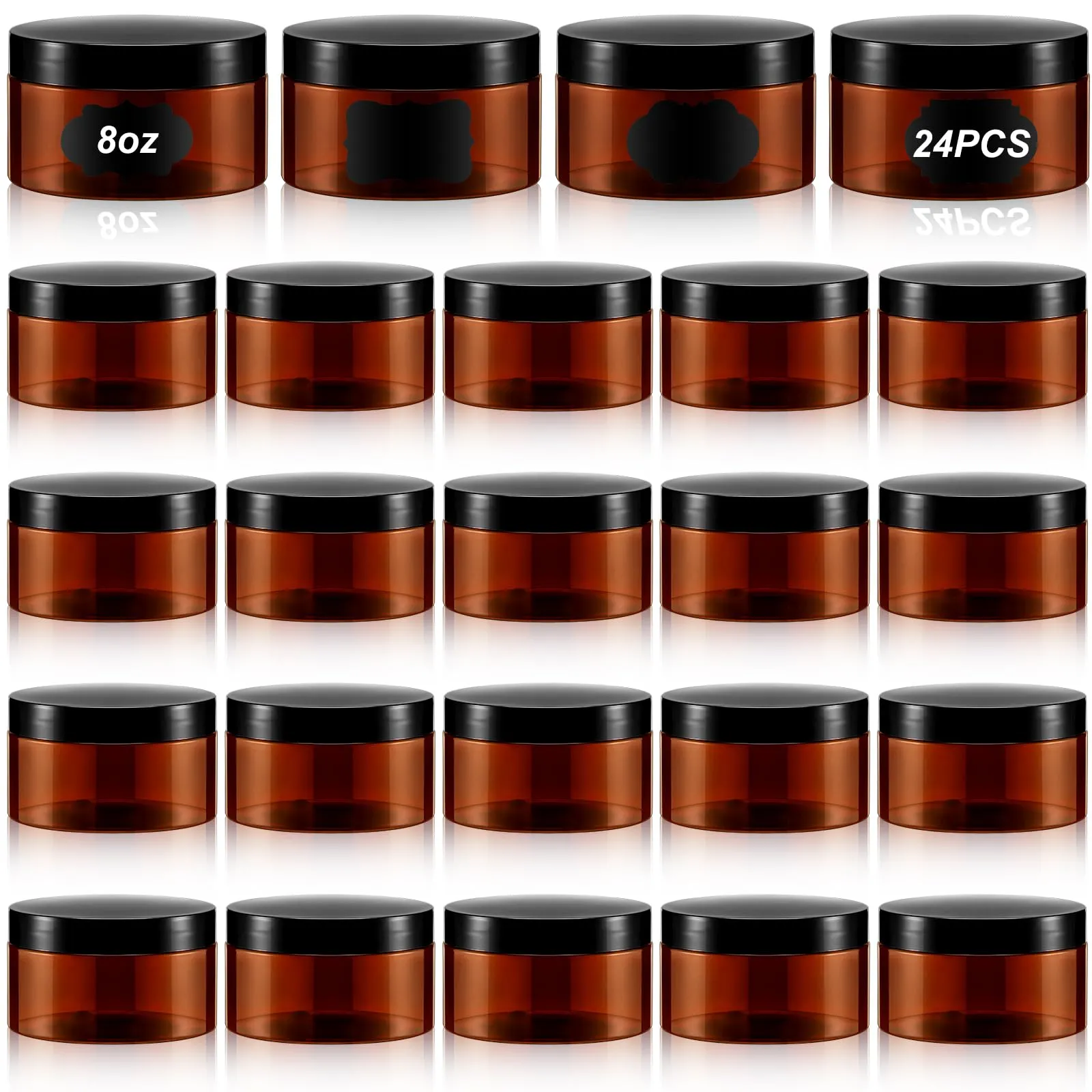 Dandat 24 Pcs 8 oz Plastic Jars with Lid and Label PET Cosmetic Containers Leak Proof Empty Cosmetic Jars Refillable Storage Travel Containers for Lotion Cream Gel Powder(Amber)