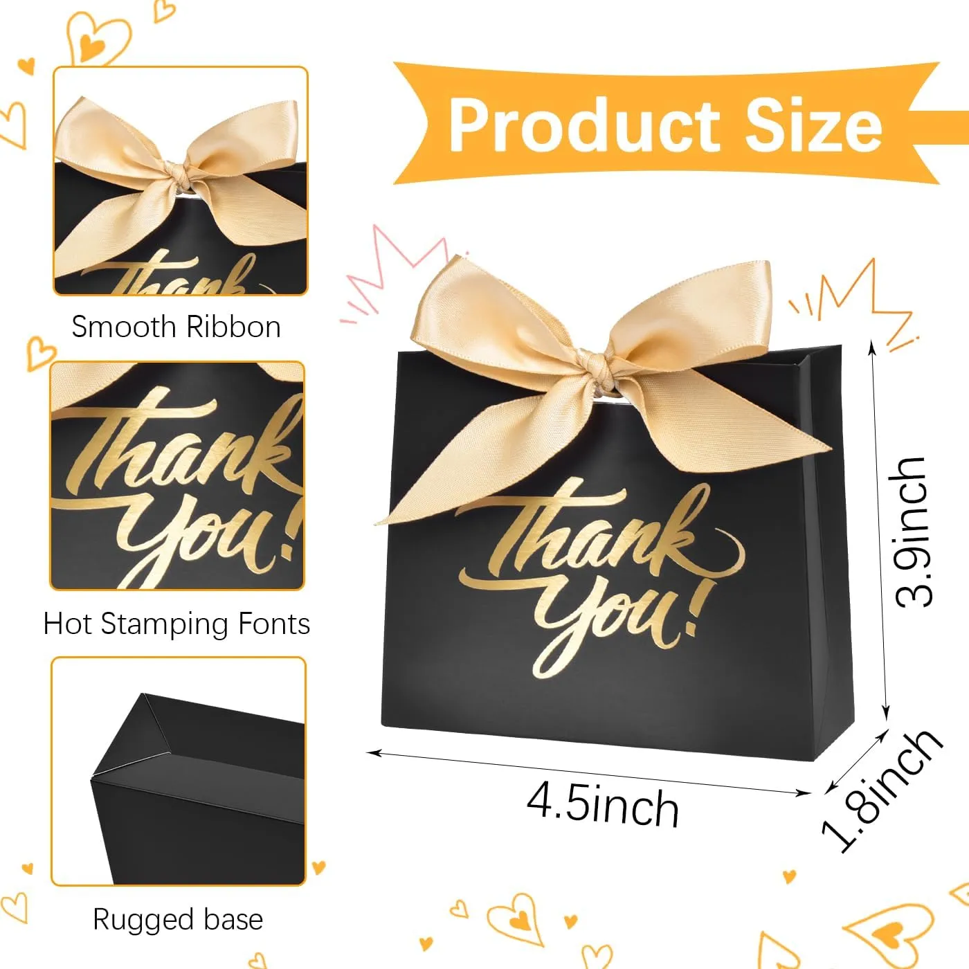 DECHISY 50 Pack Small Thank You Gift Bags, 4.5x1.8x3.9 Inch Mini Gift Bags with Ribbon, Baby Shower Favor Bags, Black Thank You Bags, Party Favor Bags for Candy, Wedding, Bridal Showers, Birthday