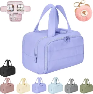 Decisive Makeup Bag, Elouva Toiletry Bag, Large Capacity Wide-Open Travel Cosmetic Bag, Lightweight Waterproof Puffer Storage Bag, Dry-and-Wet Separation with 4 Compartments for Easy Access (Purple)