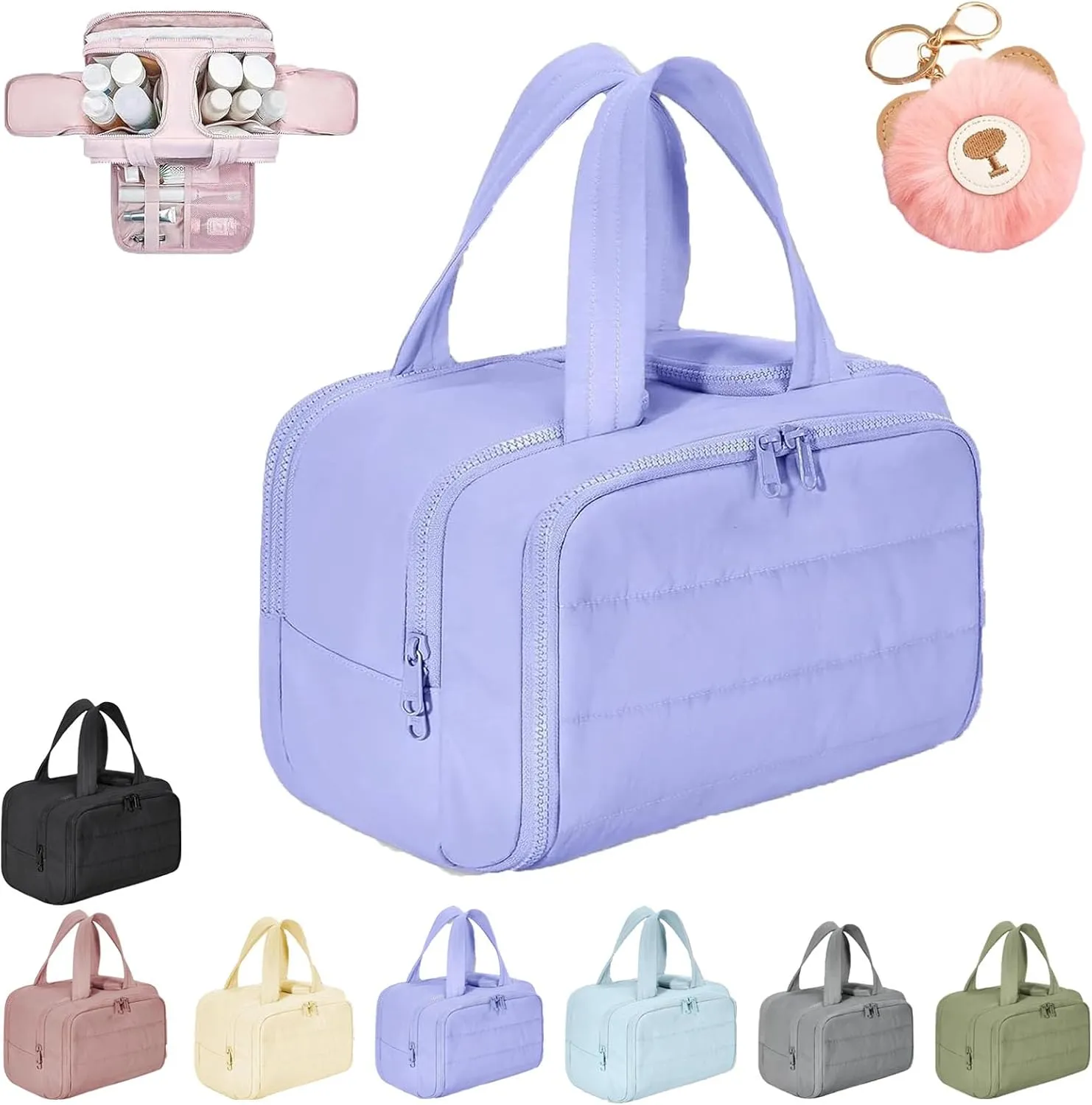 Decisive Makeup Bag, Elouva Toiletry Bag, Large Capacity Wide-Open Travel Cosmetic Bag, Lightweight Waterproof Puffer Storage Bag, Dry-and-Wet Separation with 4 Compartments for Easy Access (Purple)