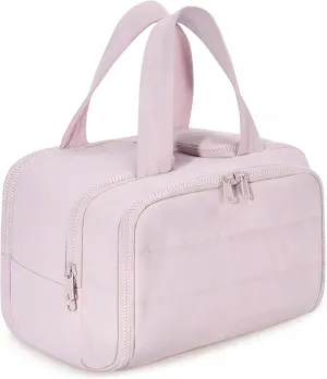 Decisive Makeup Bag, Large Capacity Wide-Open Travel Cosmetic Bag, Standing Makeup Bag – Portable, Large Capacity, Waterproof Portable Puffy Toiletry Bag Organizer With Handle for Women (Pink)