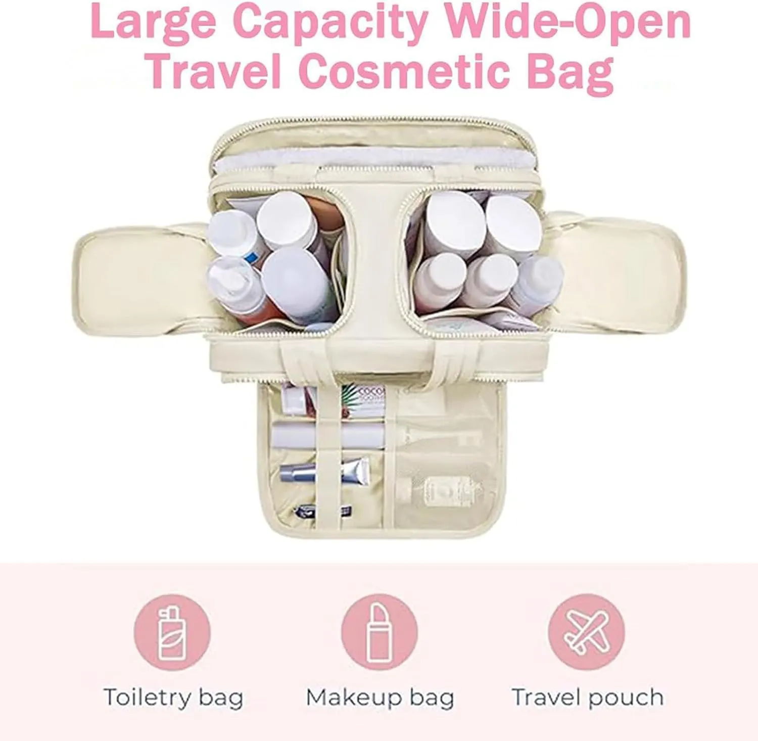 Decisive Makeup Bag, Large Capacity Wide-Open Travel Cosmetic Bag, Standing Makeup Bag – Portable, Large Capacity, Waterproof Portable Puffy Toiletry Bag Organizer With Handle for Women (Pink)