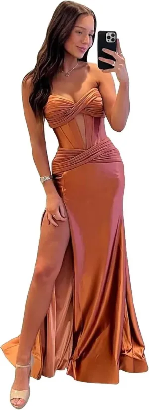 Dessiny Strapless Sweetheart Prom Dresses Long for Women 2024 with Slit Ruched Satin Formal Evening Gown for Party DE109