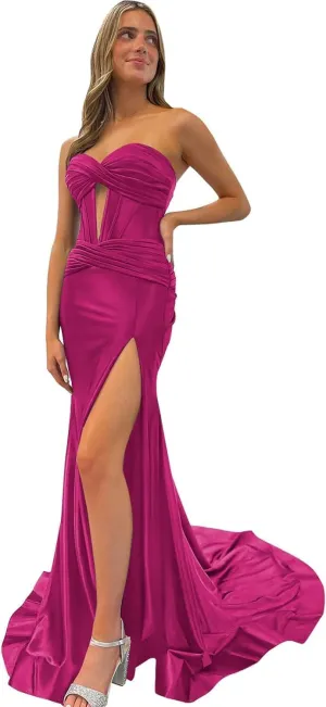 Dessiny Strapless Sweetheart Prom Dresses Long for Women 2024 with Slit Ruched Satin Formal Evening Gown for Party DE109
