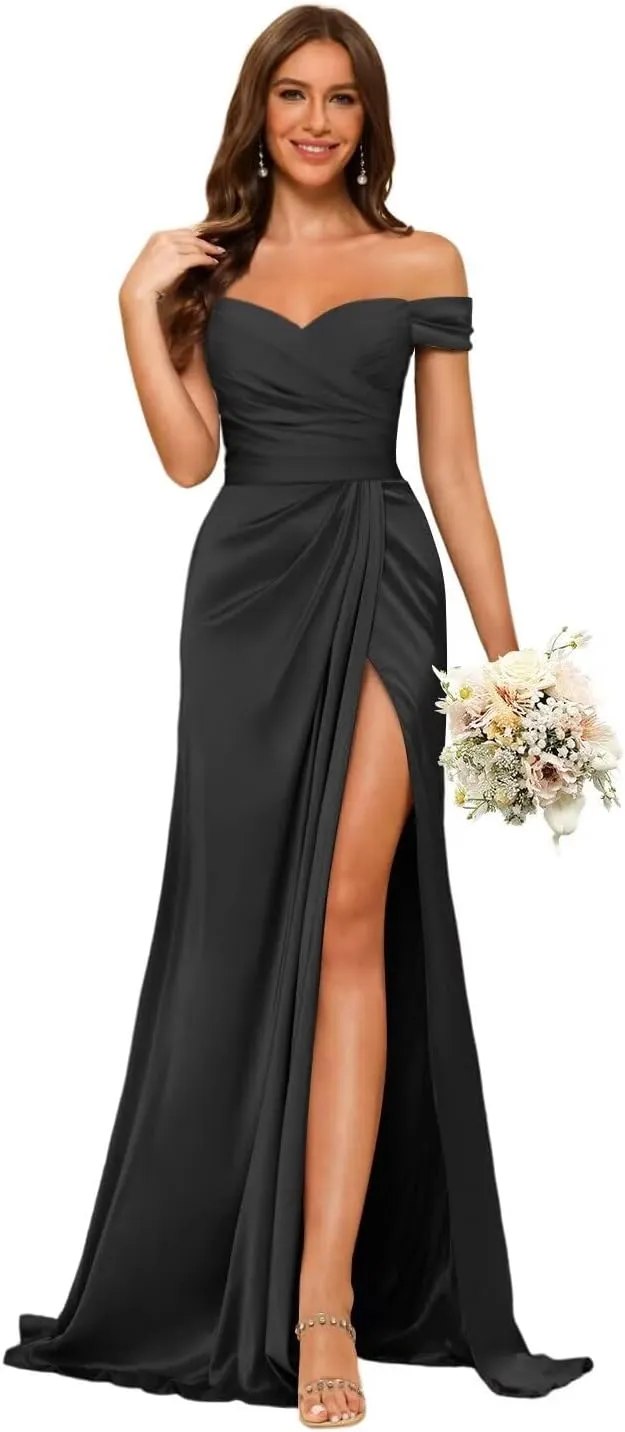 Dessiny Women's Off Shoulder Mermaid Bridesmaid Dresses 2025 with Slit Long Ruched Satin Prom Dresses DE201