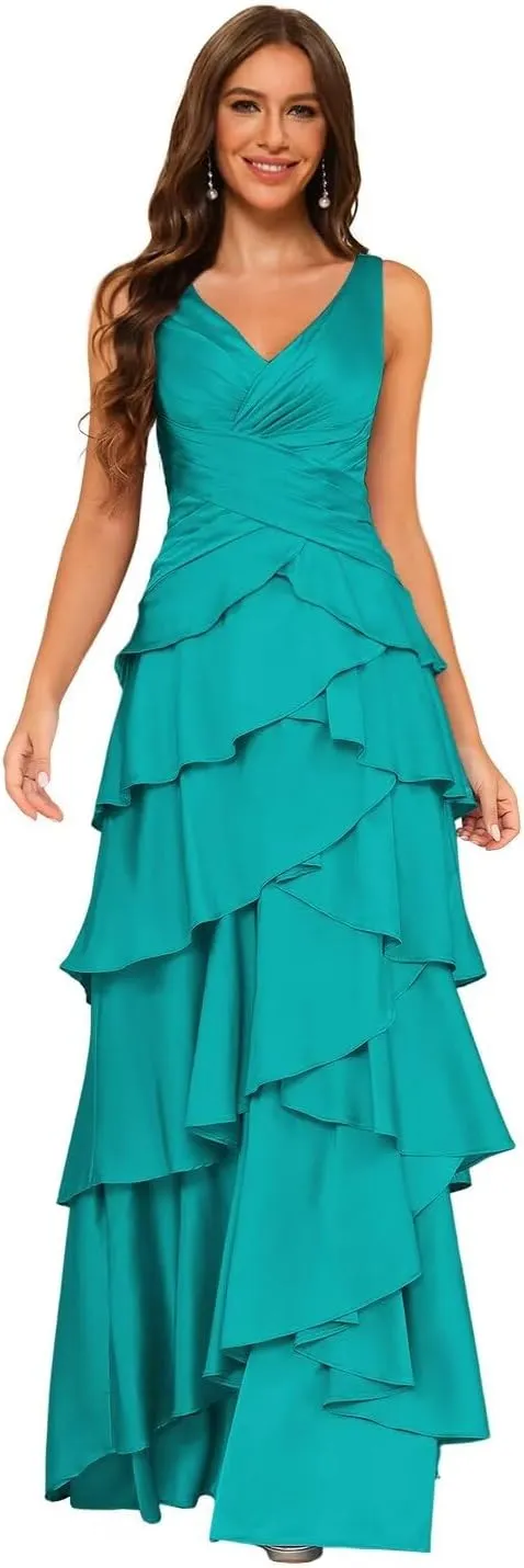 Dessiny Women's Ruffles Tiered Mermaid Bridesmaid Dresses 2025 V Neck Satin Formal Evening Dress Long DE266