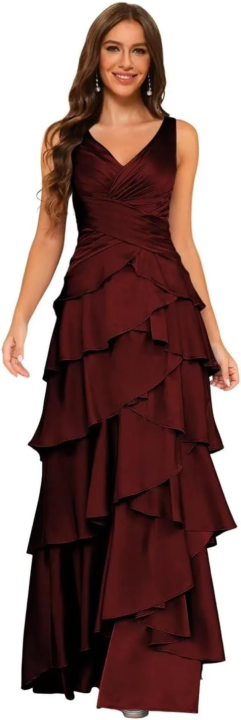 Dessiny Women's Ruffles Tiered Mermaid Bridesmaid Dresses 2025 V Neck Satin Formal Evening Dress Long DE266