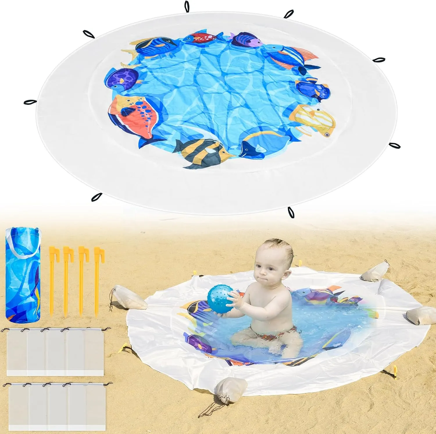 Dia 6.5Ft Baby Beach Pool, 2 in 1 Portable Round Kids Beach Play Pool Puddle Toddler Beach Blanket and Kiddie Pools Blue Cartoon Childs Sand Pit Paddling Pools with Water Bag for Boy Girl Outdoors