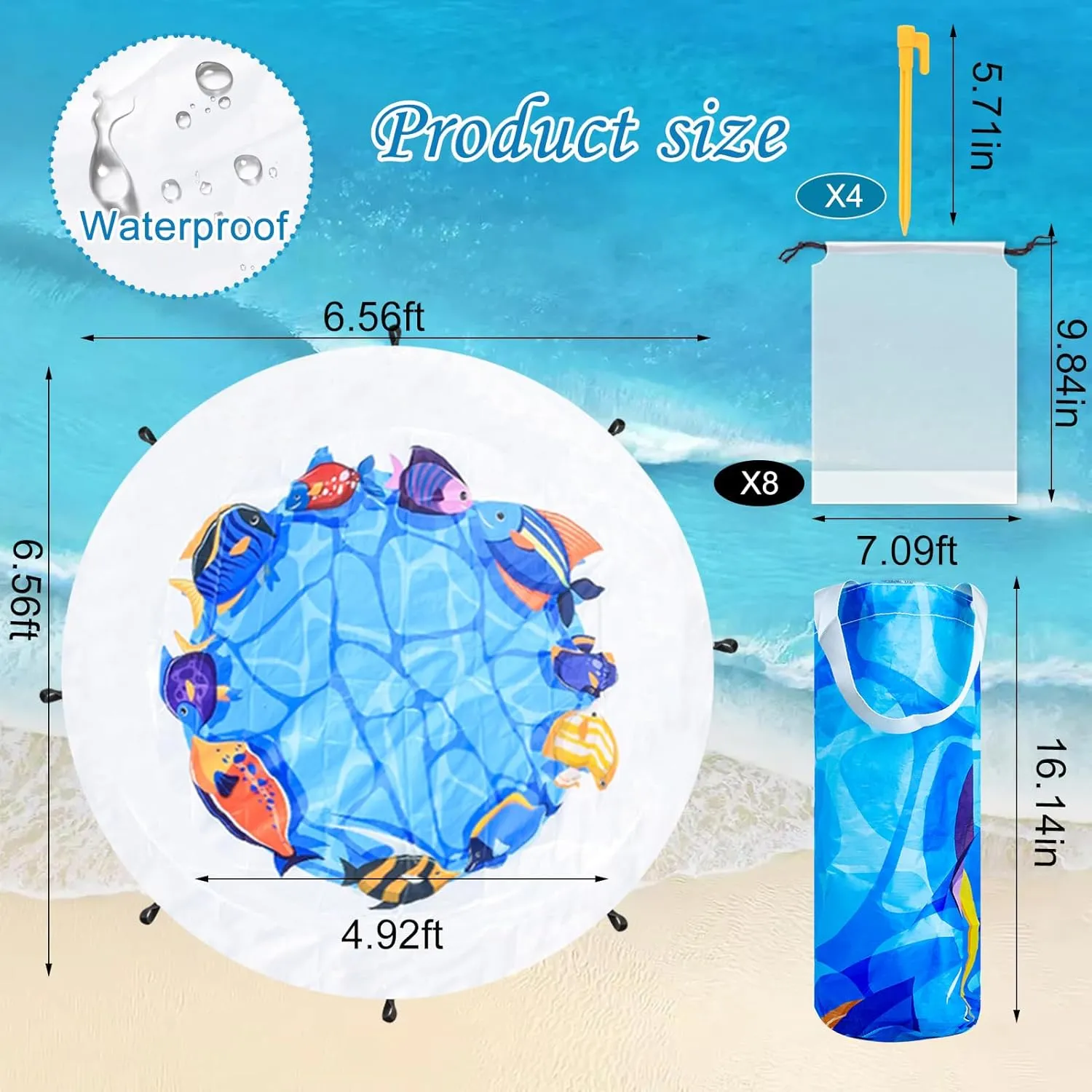 Dia 6.5Ft Baby Beach Pool, 2 in 1 Portable Round Kids Beach Play Pool Puddle Toddler Beach Blanket and Kiddie Pools Blue Cartoon Childs Sand Pit Paddling Pools with Water Bag for Boy Girl Outdoors