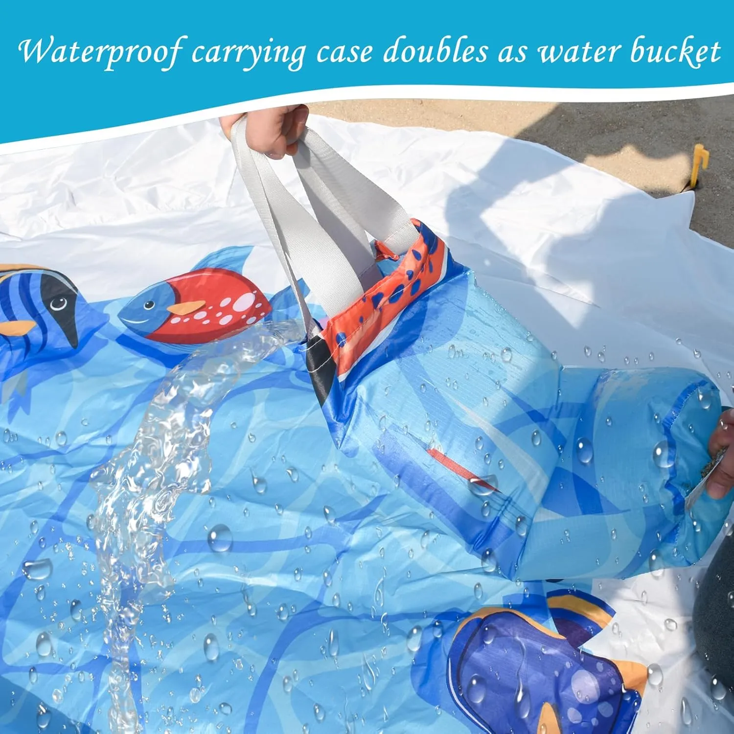 Dia 6.5Ft Baby Beach Pool, 2 in 1 Portable Round Kids Beach Play Pool Puddle Toddler Beach Blanket and Kiddie Pools Blue Cartoon Childs Sand Pit Paddling Pools with Water Bag for Boy Girl Outdoors