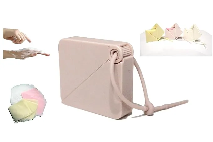 Dissolvable Paper Soap Sheets - Portable Handwashing Sheets for Travel, Outdoor, Survival. Chic Container w/Adjustable Strap (50 Sheets). -White Peach