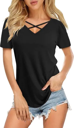 DittyandVibe Women's Short/Long Sleeve V Neck Criss Cross T-Shirt Tops