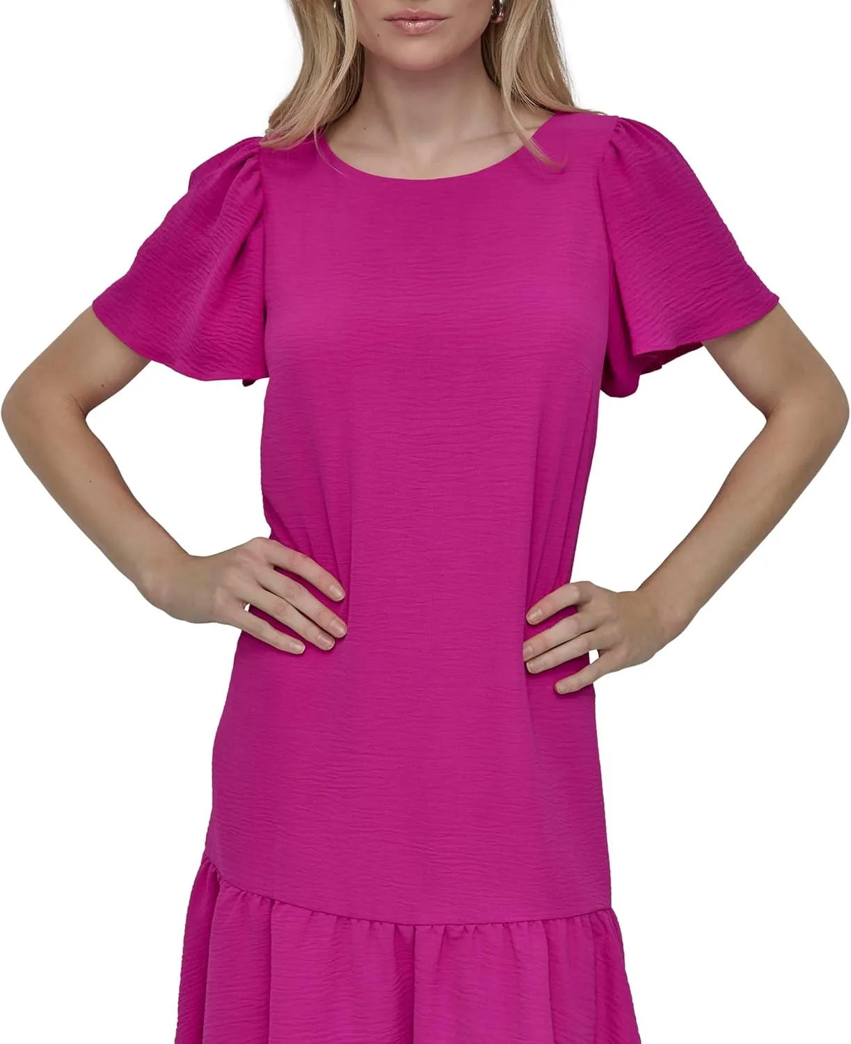 DKNY womens Flowy Short Sleeve Ruffle Hem Dress
