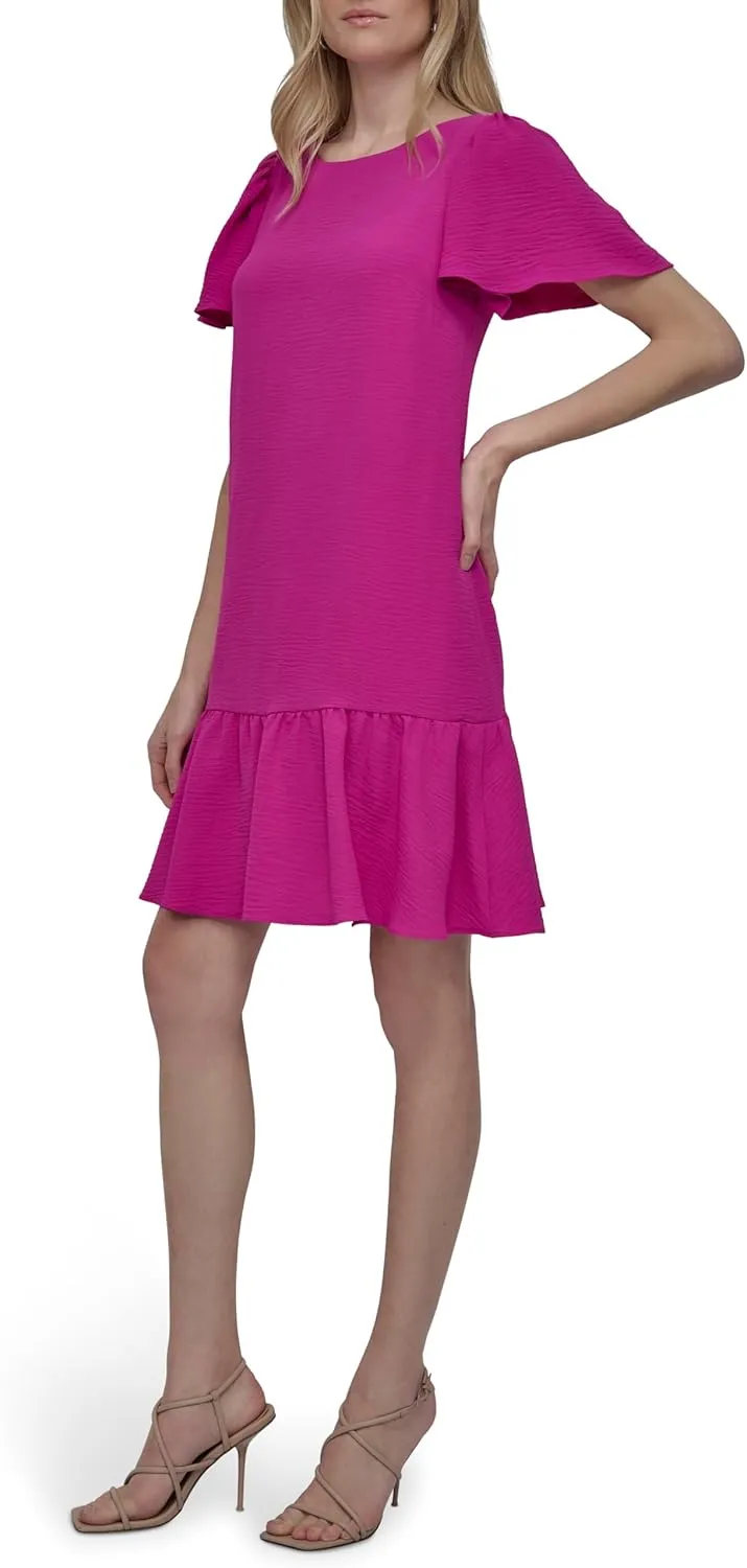 DKNY womens Flowy Short Sleeve Ruffle Hem Dress