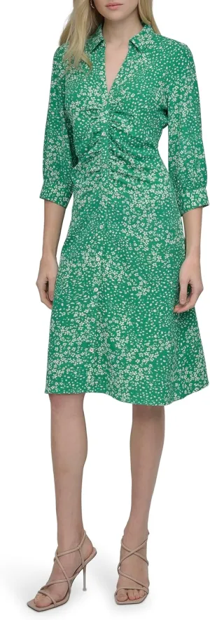 DKNY Women's Long Sleeve Collared Midi Shirtdress