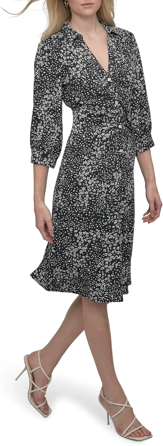 DKNY Women's Long Sleeve Collared Midi Shirtdress
