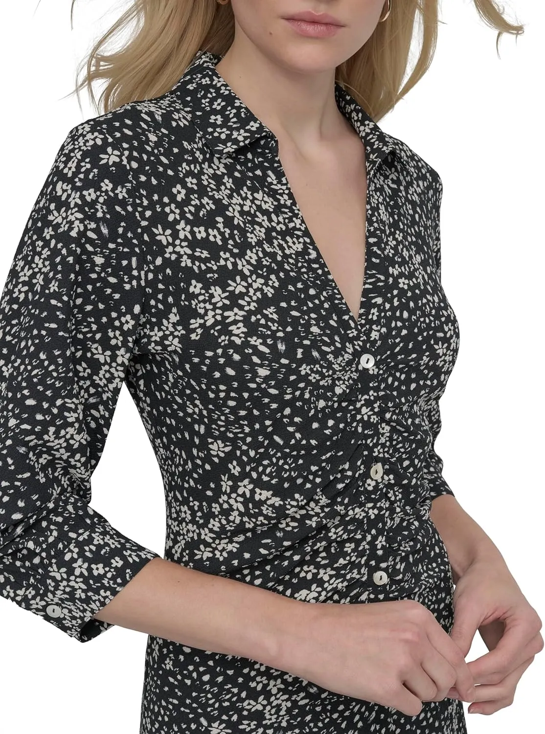 DKNY Women's Long Sleeve Collared Midi Shirtdress