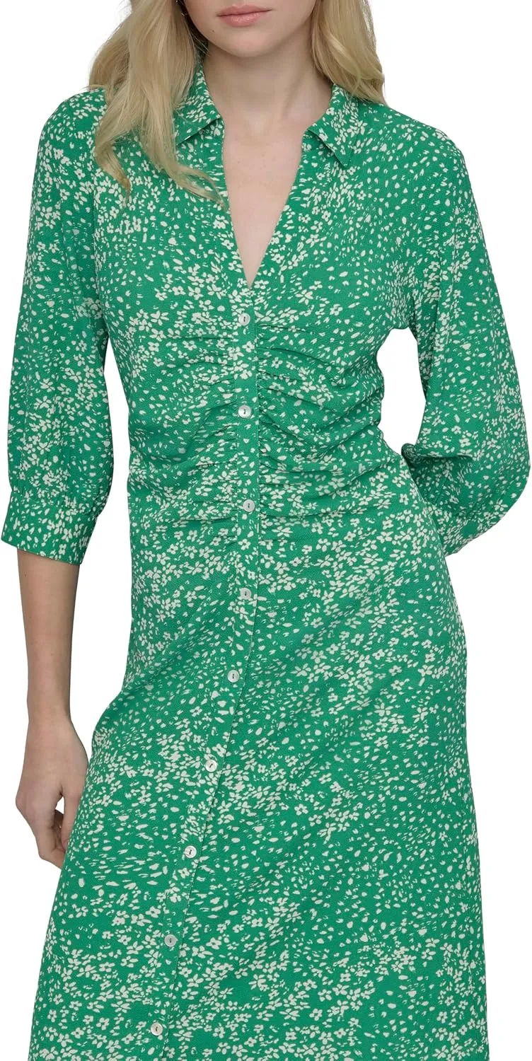 DKNY Women's Long Sleeve Collared Midi Shirtdress