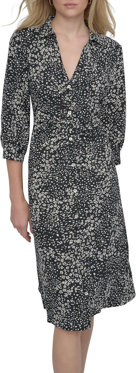 DKNY Women's Long Sleeve Collared Midi Shirtdress