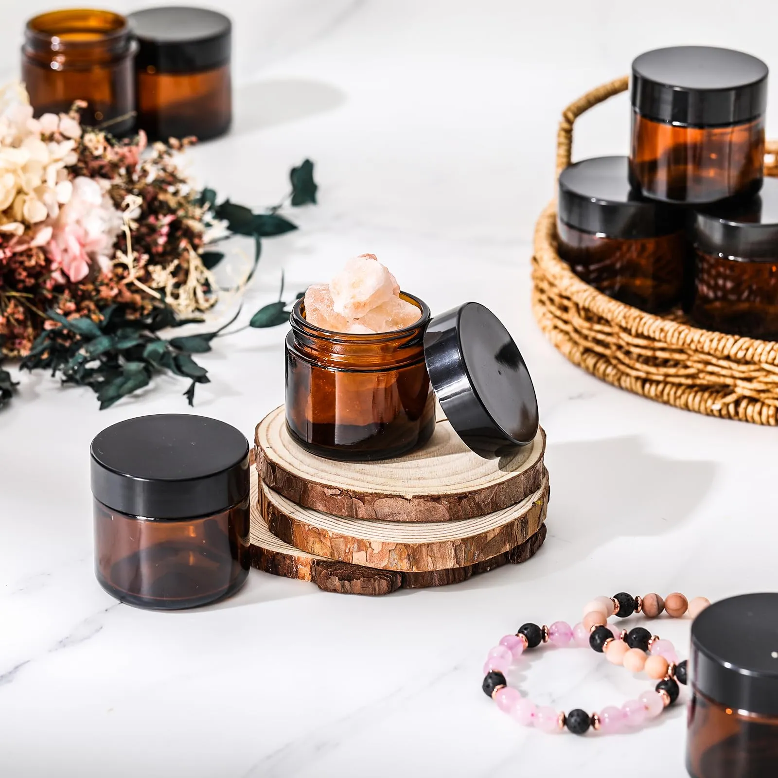 Domensi 48 Pcs 2 oz Glass Jars with Lids Travel Size Leakproof Round Airtight Empty Cosmetic Jars with Inner Liners Lid for Storing Lotions Powders Ointments Sample Cream Candle (Amber)