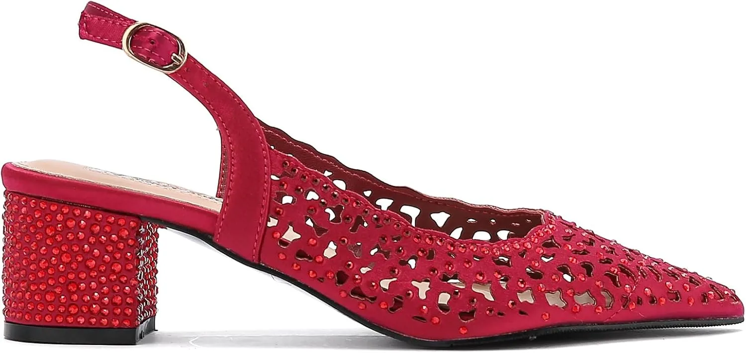 DONNA Rhinestone Satin Block Heel Slingback