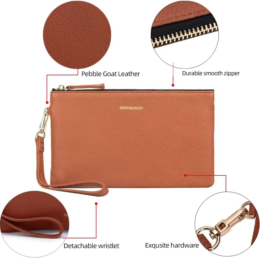 DORIS&JACKY Goatskin Leather Wristlet Clutch Wallet Cute Small Pouch Bag With Strap