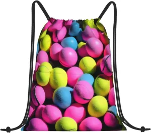 Drawstring Backpack for women,Versatile drawstring bag,Water-Resistant Cinch Bag,Gym sackpack-Bright Pink Tennis Balls