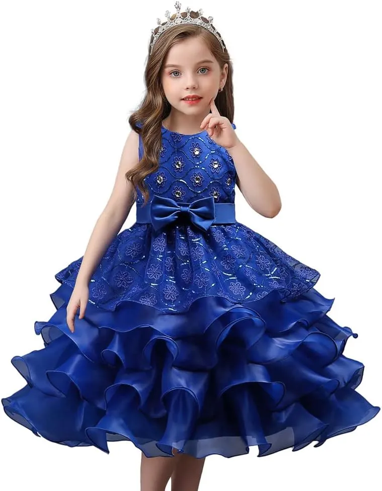 DreamHigh Wedding Flower Girl's Ruffles Lace Cute Bow Waist Evening Dress up