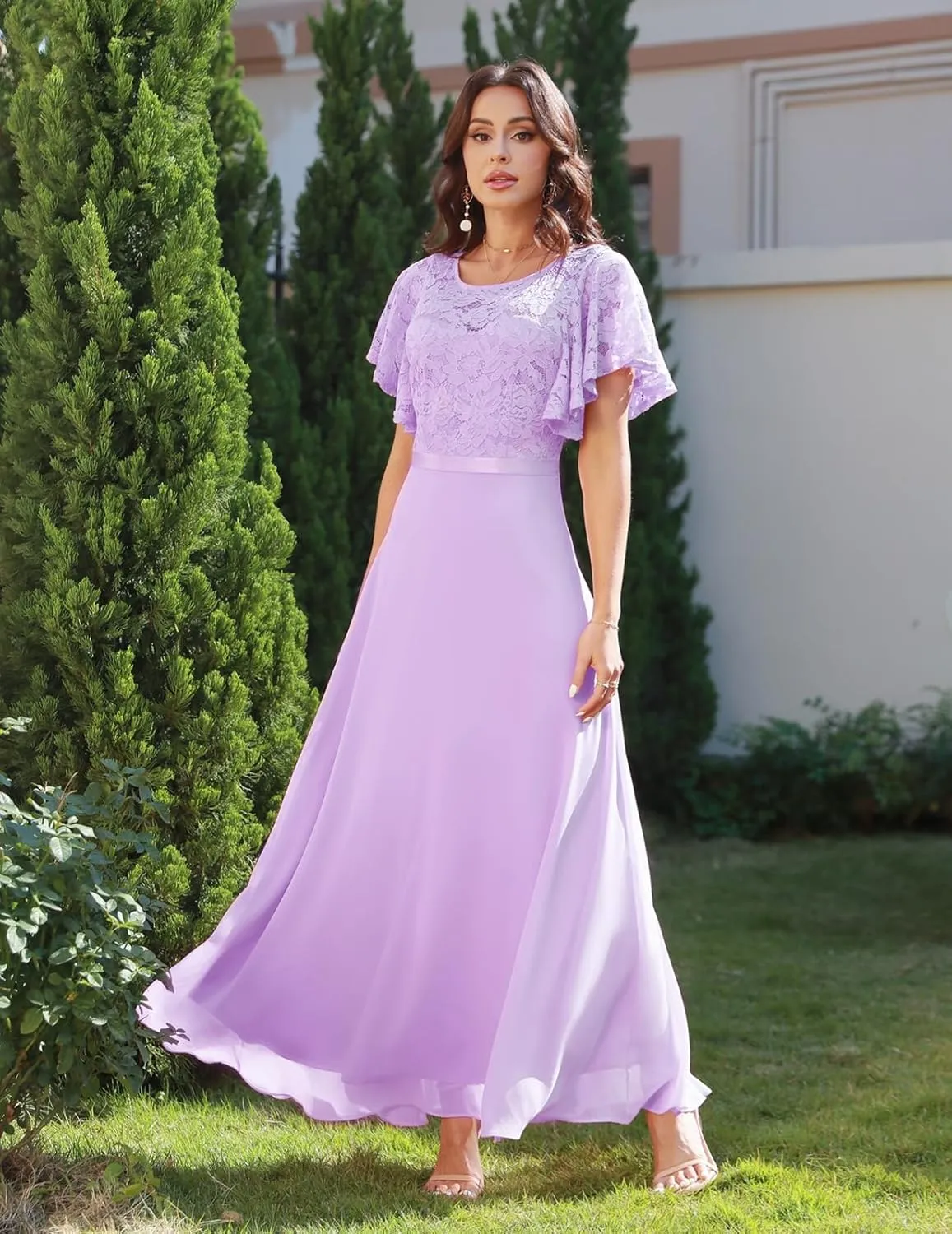 DRESSTELLS Lace Wedding Guest Formal Dresses, V-Back Empire Waist Bridesmaid Prom Party Evening Gown 2025