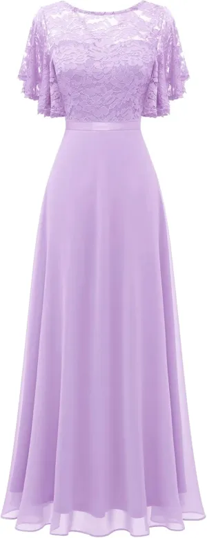DRESSTELLS Lace Wedding Guest Formal Dresses, V-Back Empire Waist Bridesmaid Prom Party Evening Gown 2025