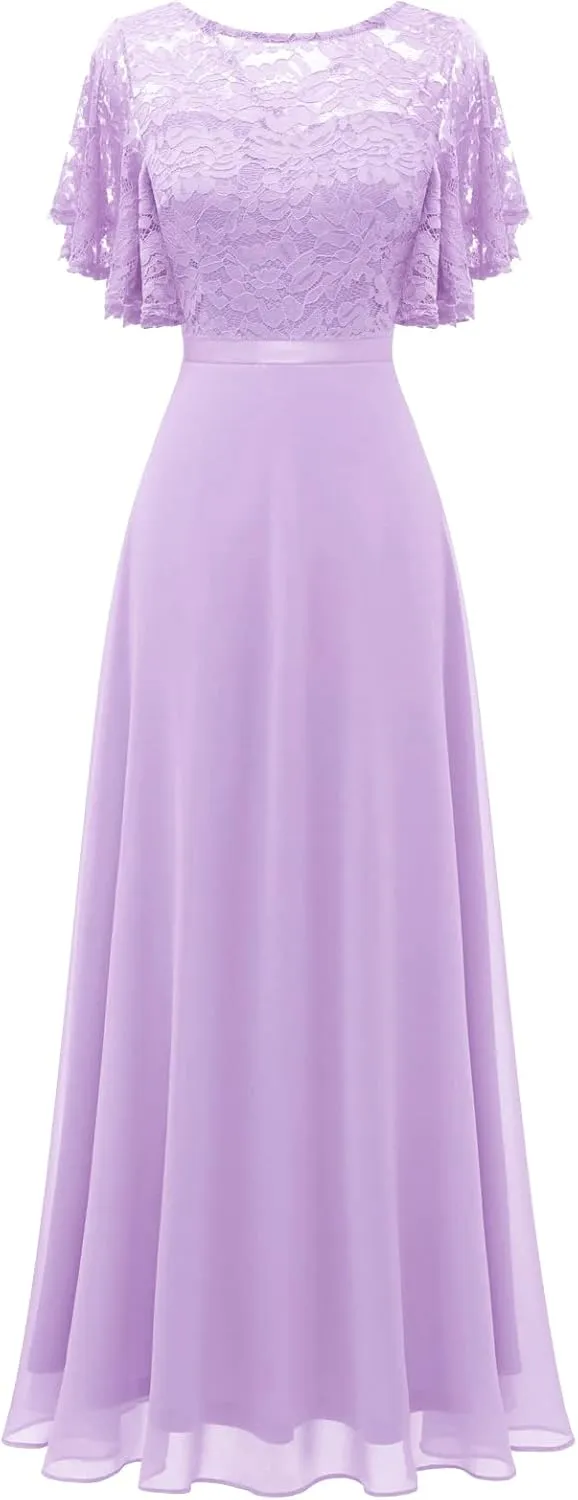 DRESSTELLS Lace Wedding Guest Formal Dresses, V-Back Empire Waist Bridesmaid Prom Party Evening Gown 2025