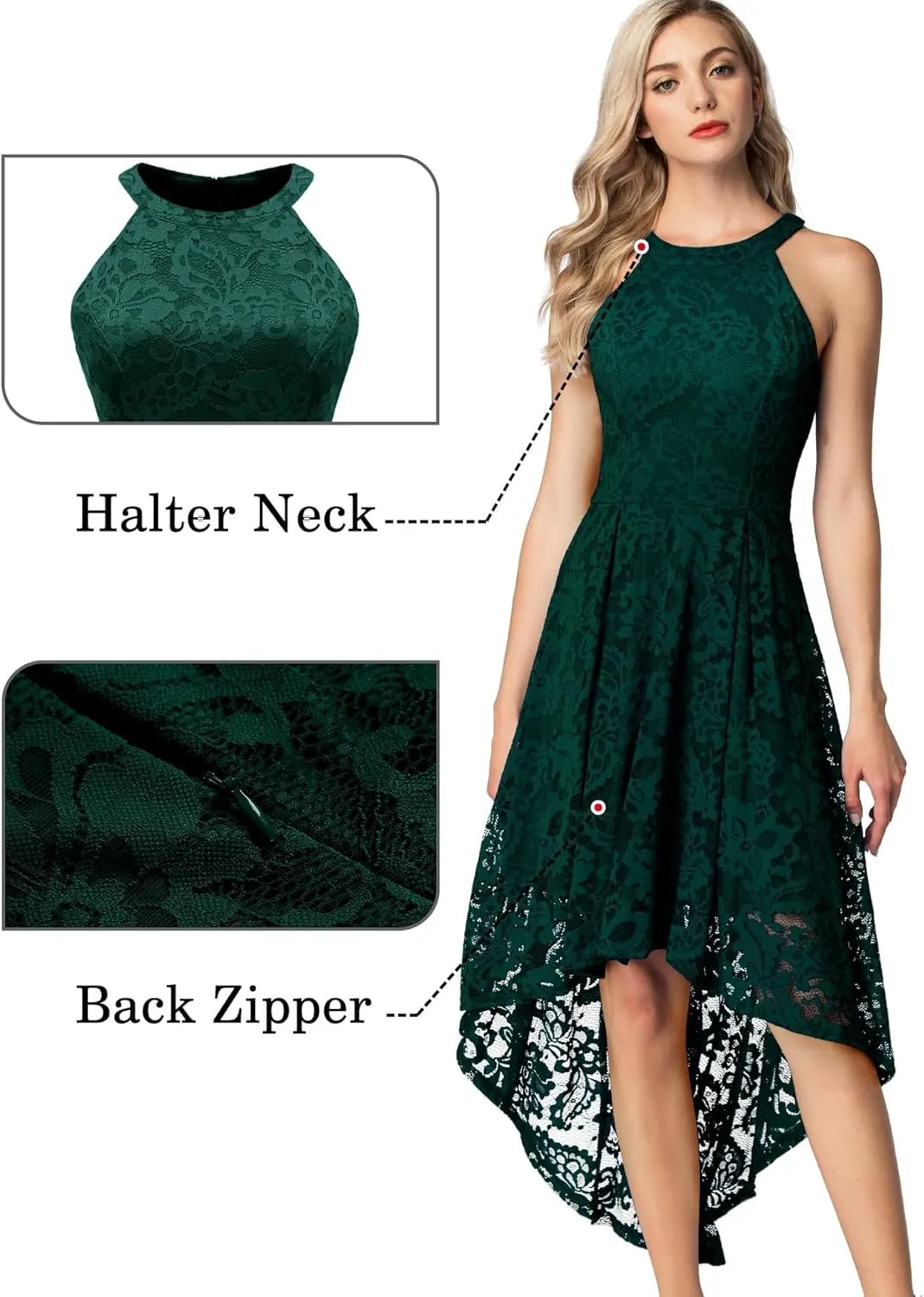 Dressystar Women Halter Lace Wedding Guest Dress Hi-Lo Cocktail Party Bridesmaid Formal Dresses