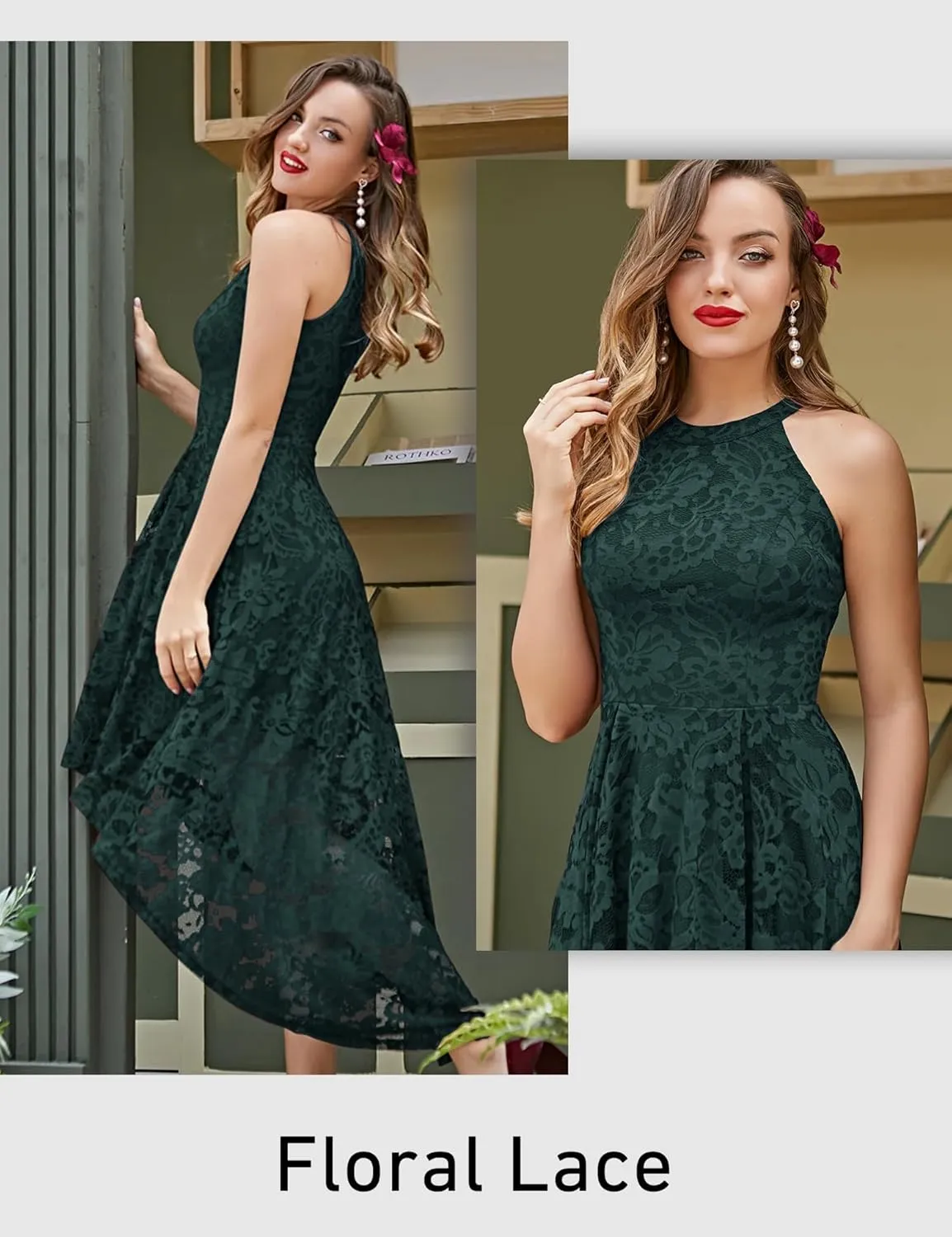 Dressystar Women Halter Lace Wedding Guest Dress Hi-Lo Cocktail Party Bridesmaid Formal Dresses