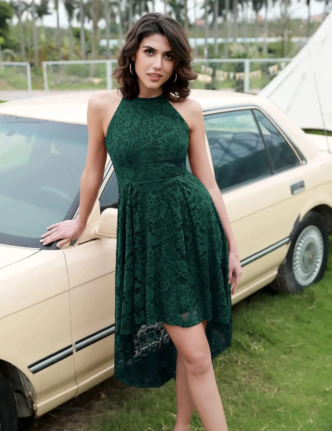 Dressystar Women Halter Lace Wedding Guest Dress Hi-Lo Cocktail Party Bridesmaid Formal Dresses
