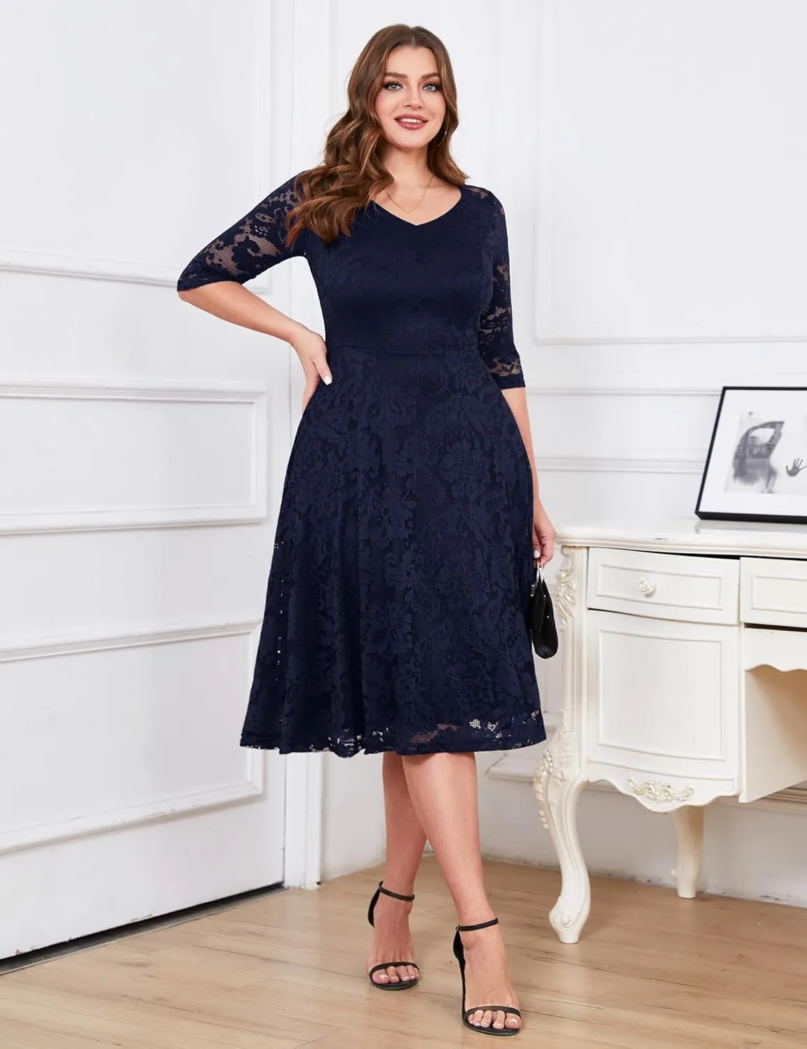 Dressystar Womens Long-Sleeve Wedding Guest Dress A-Line Lace Formal Party Cocktail Midi Dress Prom Gown