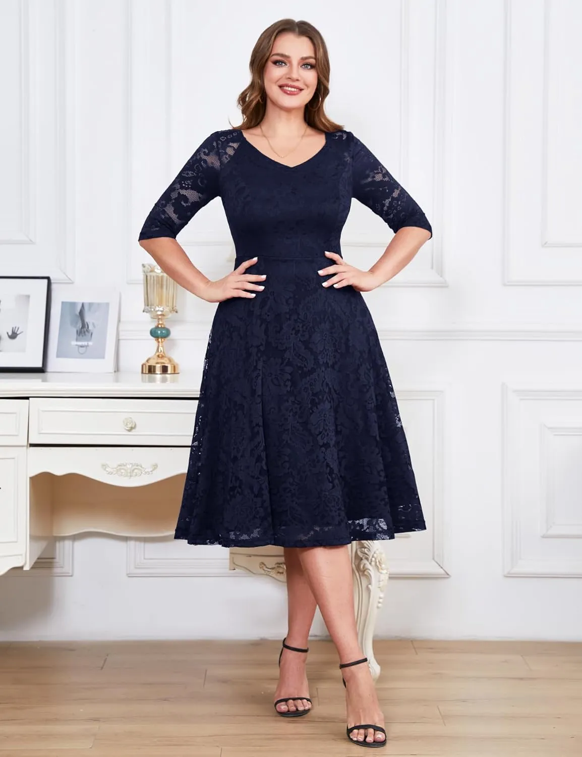 Dressystar Womens Long-Sleeve Wedding Guest Dress A-Line Lace Formal Party Cocktail Midi Dress Prom Gown