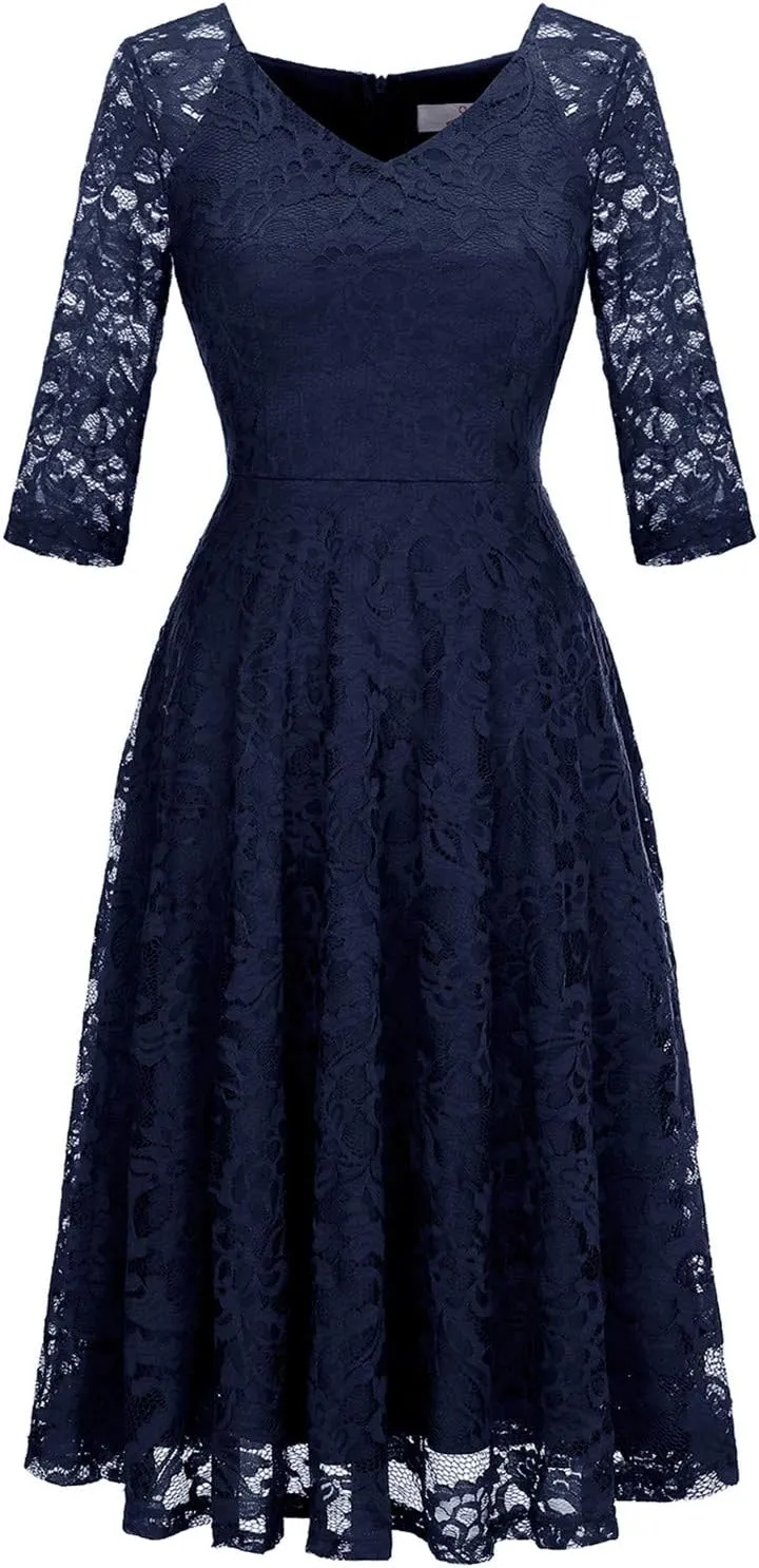 Dressystar Womens Long-Sleeve Wedding Guest Dress A-Line Lace Formal Party Cocktail Midi Dress Prom Gown
