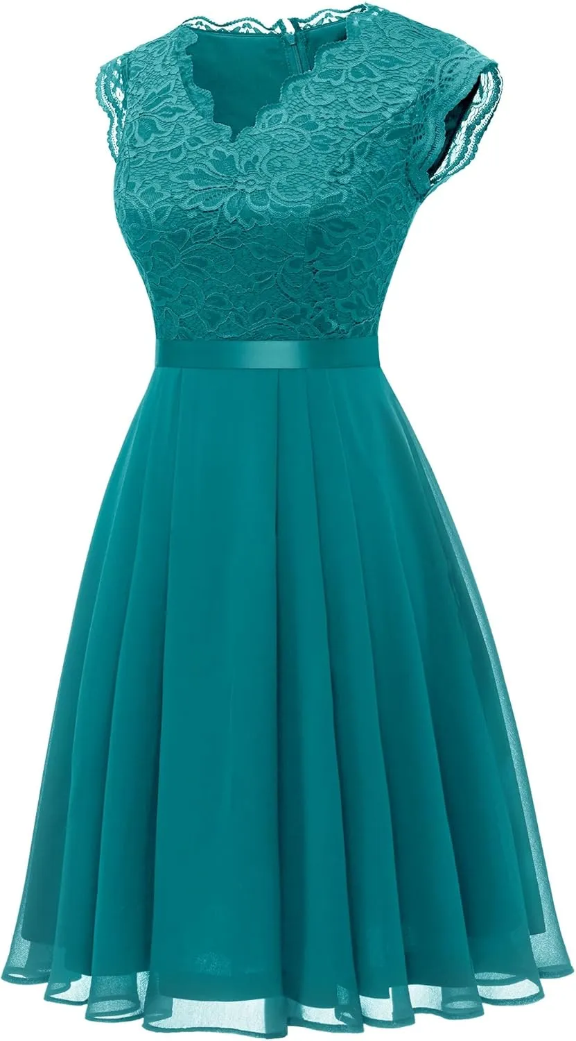 Dressystar Women's V Neck Sleeveless Lace Bridesmaid Dress Wedding Party Gown