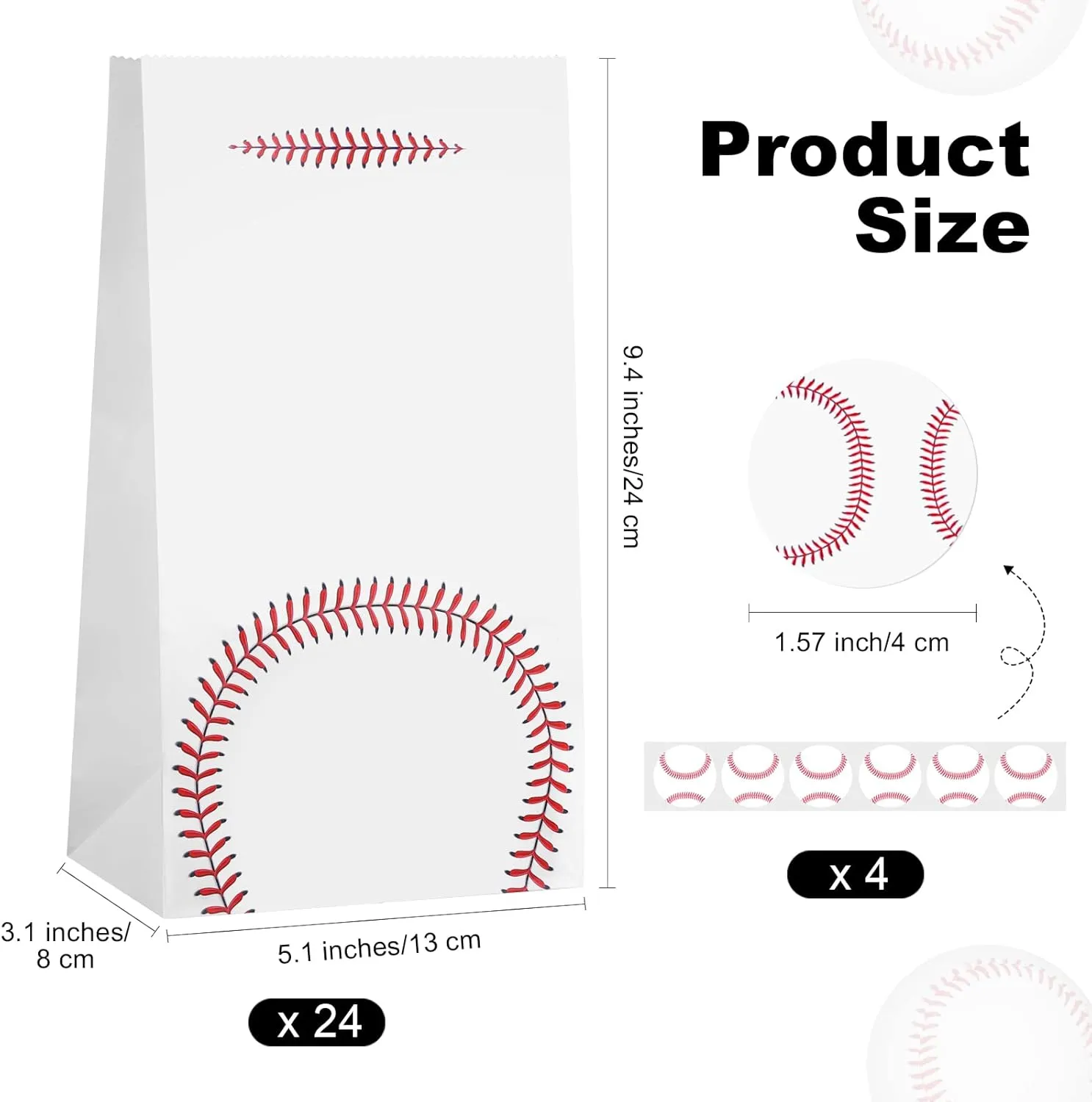 durony 24 Pack Baseball Gift Bags Paper Treat Bag Baseball Print Goodie Bags with Stickers for Sports Theme Party Decorations, Game Celebration Supplies