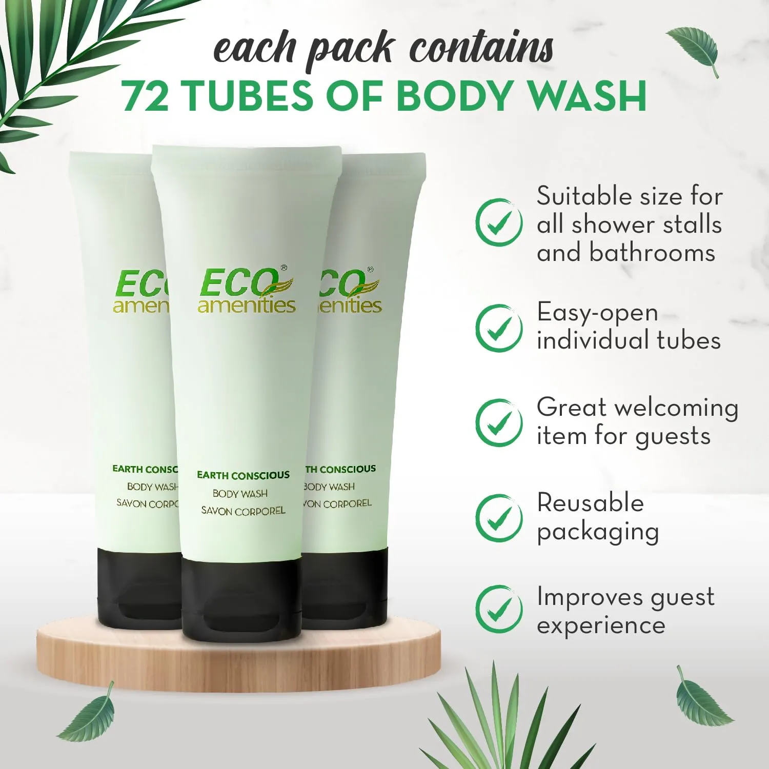 ECO amenities Travel Size Body Wash Bulk - Hotel Supplies for Guests - Great for Vacation Rental and Airbnb Toiletries - Body Wash for Men & Women - Green Tea Scent - 72 pack, 0.75 fl oz (22ml) Tubes