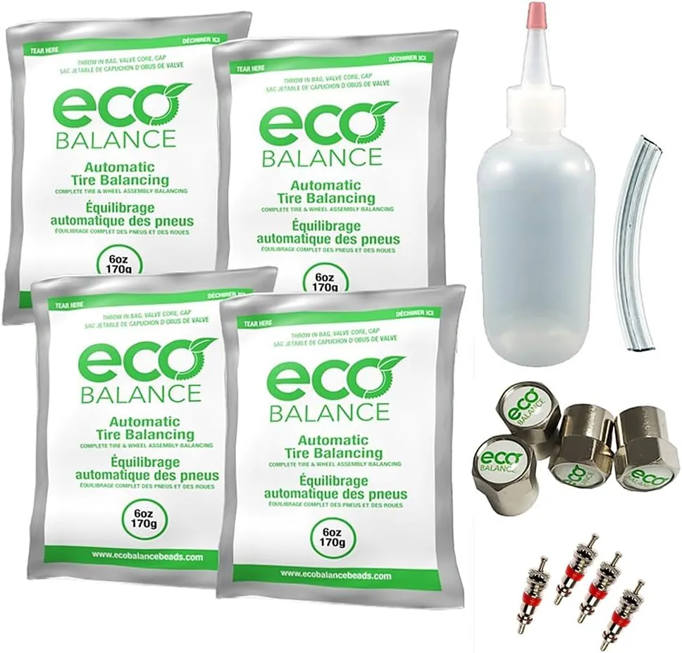 ECO Balance EDIY-6 Do It Yourself Tire/Wheel Balancing Beads Kit - Off -Road, Light Duty Truck Tires, (4) 6oz DIY Bead Bags, (4) Valve Caps and Cores, (1) Core Remover, Injector Bottle