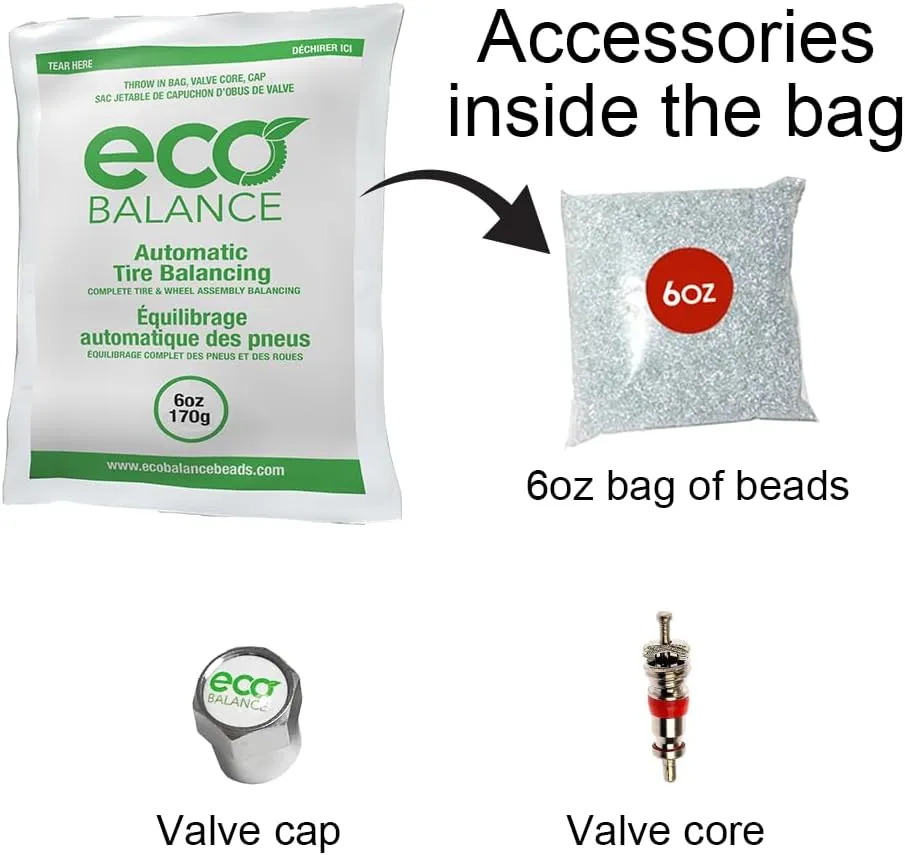 ECO Balance EDIY-6 Do It Yourself Tire/Wheel Balancing Beads Kit - Off -Road, Light Duty Truck Tires, (4) 6oz DIY Bead Bags, (4) Valve Caps and Cores, (1) Core Remover, Injector Bottle