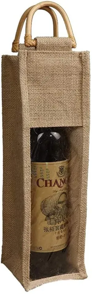 Eco-Friendly Burlap Wine Bottle Bag With Cane Handle - Jute Tote for Gift Packaging, Candy, Christmas Holiday Decorations (Single Bottle)